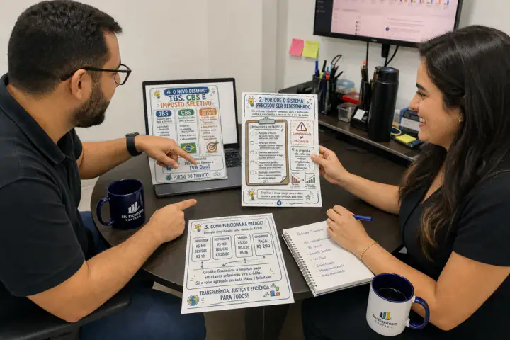 Equipe revisando o material da Reforma Tributária