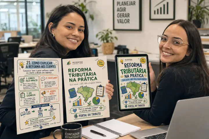 Equipe jovem com o guia digital e impresso